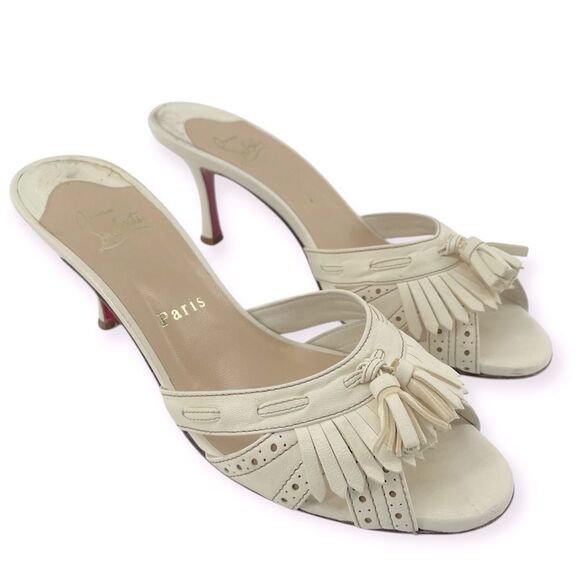 Christian Louboutin Fringe Peep Toe Mule Sandals Cream Leather EU 37.5 Heels - Picture 16 of 16